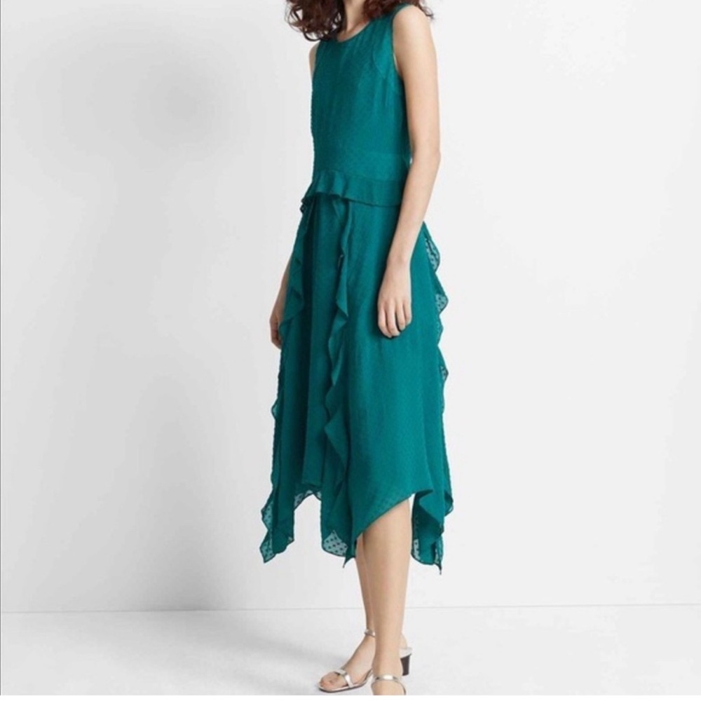 Club Monaco Lochin Swiss Dot Handkerchief Ruffled Midi Dress Green